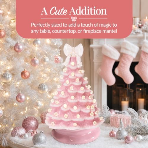 Best Choice Products 15in Ceramic Christmas Tree, Pre-lit Hand-Painted Tabletop Pinkmas Holiday Tree, Star Topper, 64 Lights - Pink w/White Bulbs