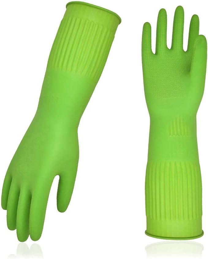 Vgo... 1-Pair Dishwashing Gloves, Reusable Household Gloves, Long Sleeve, Thick Latex, Cleaning, Washing, Working, Painting, Gardening, Pet Care (Size M, Green, RB2143)