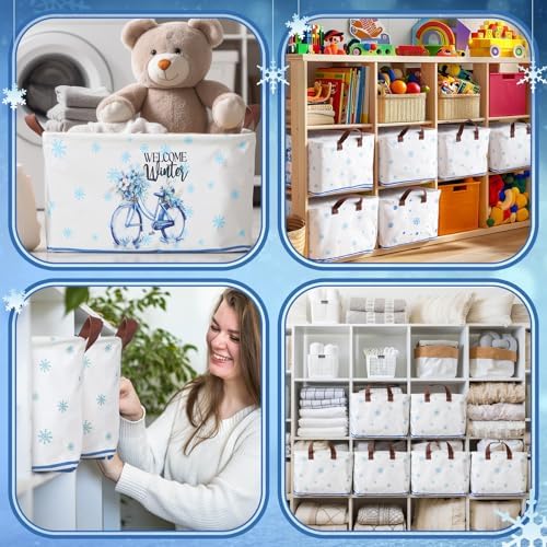 CHENGU 6 Pack Winter Storage Basket Collapsible Snowflakes Basket for Gifts Gnomes Holiday Decor Large Snowman Bin Foldable Blue Hello Winter Box with Handle for Bedroom Office Home