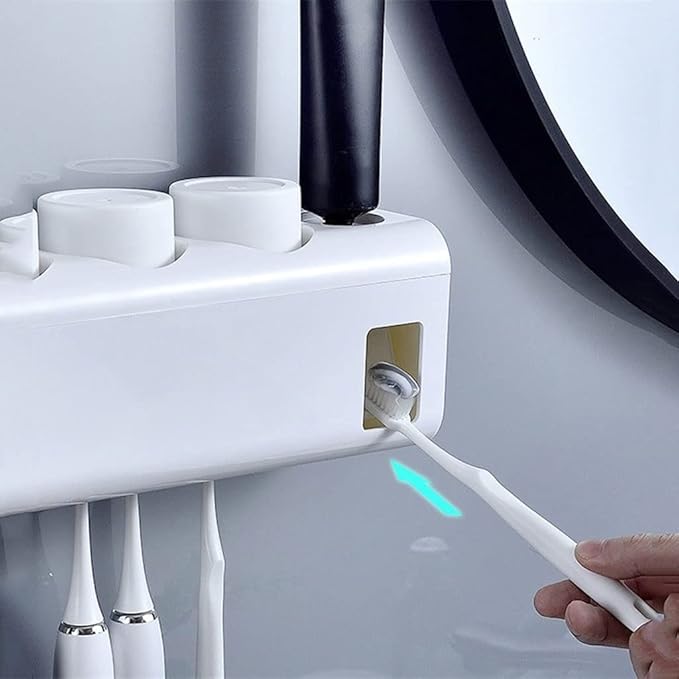 Toothbrush Rack Wall-Mounted Smart Toothbrush Holder No Punch Storage Rack 6 Toothbrush Slots, with Toothpaste Dispenser and Mouthwash Cup Bathroom Toothbrush Holder(B)