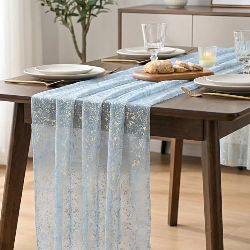 Artoid Mode 6PC Gold Gauze Light Blue Table Runner 120 Inch 10FT, Glitter Metallic Foil Sheer Dining Wedding Anniversary Holiday Birthday Table Decor for Home Party