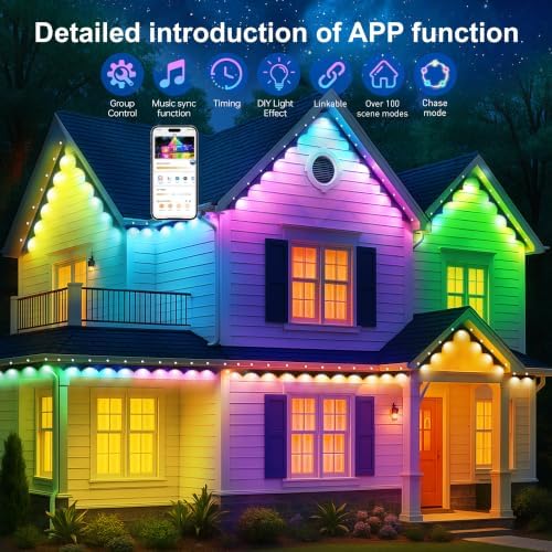 Permanent Outdoor Lights 200ft RGB+IC Outdoor String Lights App&Voice Control,IP67 Waterproof,100 Scene Modes Decoration for Home Christmas,Halloween,Holiday（100ftx2pack
