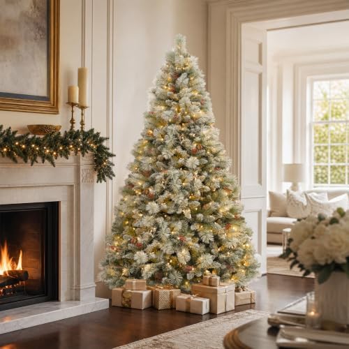Hykolity 6 ft Prelit Snow Flocked Christmas Tree with 250 Warm White LED Lights, Artificial Christmas Pine Tree with Red Berries, 1032 Branch Tips, Metal Stand and Hinged Branches