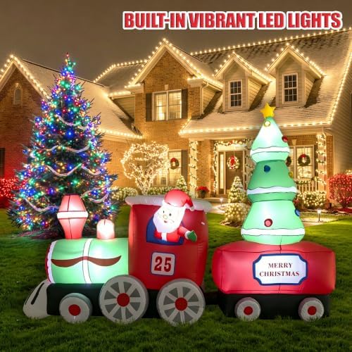 7.2FT Christmas Inflatable Train with Santa Claus Tree LED Lights