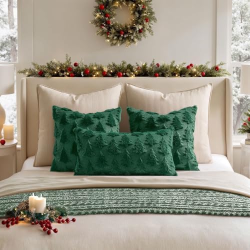 MIULEE Christmas Throw Pillow Covers Lumbar Dark Green Christmas Decorations Xmas Tree 12x24 Pillow Covers Soft Plush Faux Wool Pillowcases Holiday Festivals Winter Home Decor Sofa Couch Bed Porch