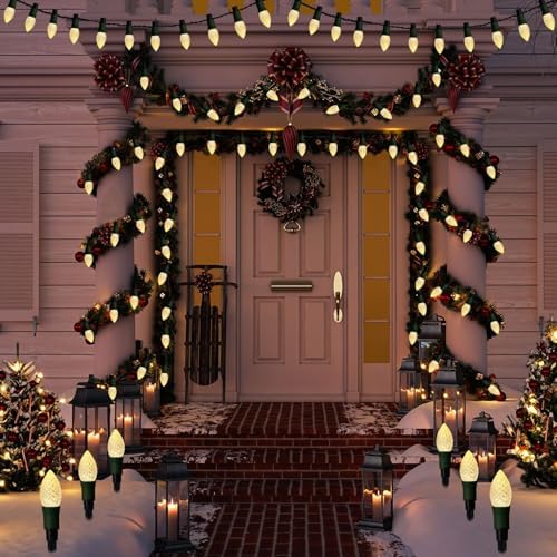 Huacenmy Solar Christmas Pathway Lights Outdoor, 20 LED C9 With 20 Stakes, 23FT Decorations Strawberry String for Roof Yard Patio Walkway Driveway, Warm White
