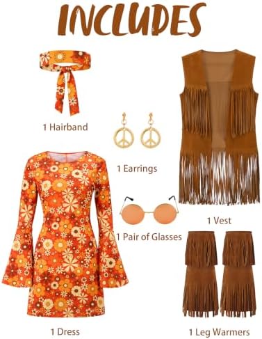 Spooktacular Creations Halloween Orange Hippie Costume Women, Costume for Women, 70s Outfit for Halloween Party