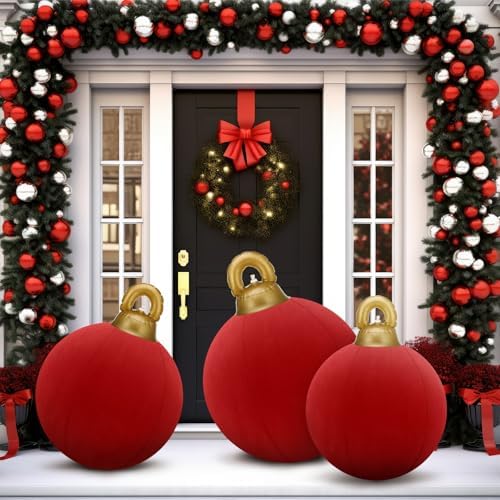 Jenaai 3 Pcs Giant Velvet Christmas Inflatable Ball Ornament 24" 20" 18"