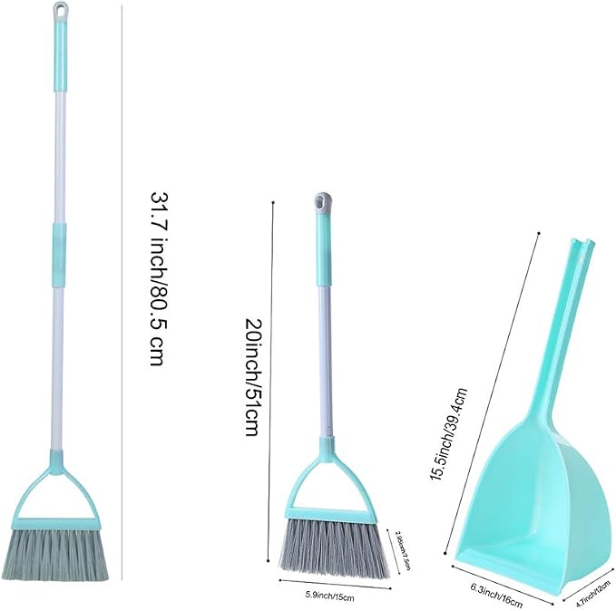 Housekeeping Broom and Dustpan Sets for Parent-Child, Lightweight Upright Standing Dustpan with Broom for House Sweeping, Light Blue
