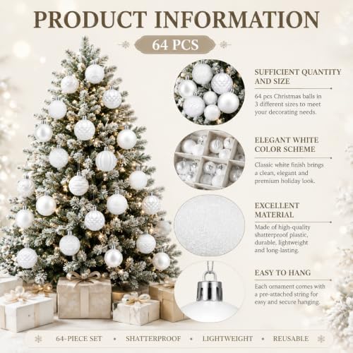 Lunmon 64 Pcs White Christmas Ball Ornaments Modern Xmas Tree Decorations