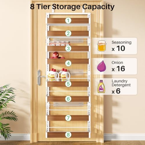 SNTD 8 Tiers Wooden Over the Door Organizer, 17" W x 6" D x 69" H, Walnut