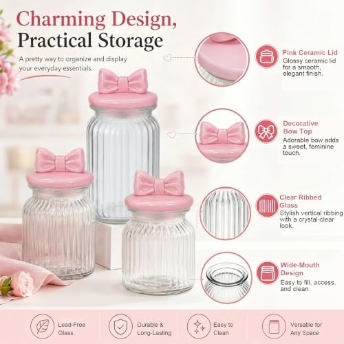 Mimorou 3 Set Pink Bow Candy Glass Jars with Ceramic Lids 44oz 33oz 22oz Summer Bow Cookie Jars Airtight Glass Food Storage Containers for Spring Summer Party Tea Cookie Snacks Sugar