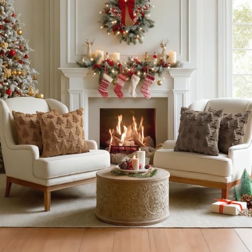 MIULEE Christmas Throw Pillow Covers Brown Christmas Decorations Set of 2 Xmas Tree 18x18 Pillow Covers Soft Plush Faux Wool Pillowcases Holiday Festivals Winter Home Decor Sofa Couch Bed Porch