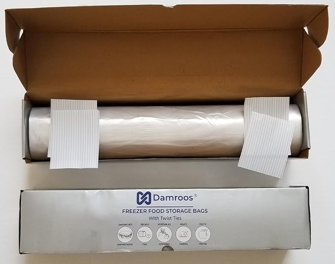 1,000 Freezer Food Storage Bags, 18" W x 24" H (Width x Height), with Plastic Ties. Clear Plastic Bags on Roll, High-Density Polyethylene, 15 Micron, 250 Bags/Roll, 1 Roll/Box, 4 Box/Order (4)