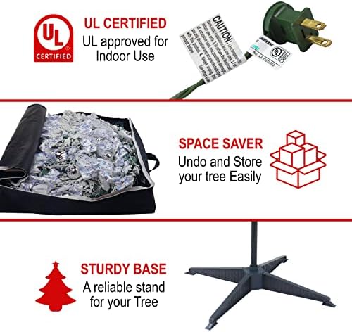 6.1ft Flocked Pull up Christmas Tree - Lighted Foldable Tree Includes Storage Bag Ornaments, Ribbons, Stand and UL Warm Lights