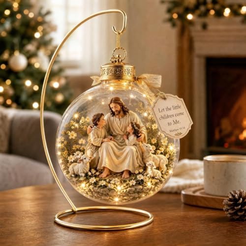 Illuminated Scripture Keepsake Ornament, Lighted Hanging Decoration with Bible Verse, Religious Themed Holiday Ornament, Transparant Ball with 2D Flat Sheet for Christmas Tree Home Display，C