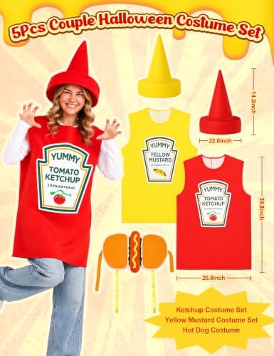 Ketchup Mustard and Hot Dog Costume Adult Set 5PCS Funny Food Tunic Outfits for Couples Family Halloween Party Cosplay