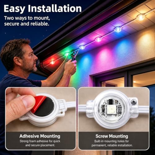 500ft RGB+IC Smart Permanent Outdoor Eaves Lights IP67 Waterproof,Outdoor Eaves LED Lights with App/Remote Control for House Roof，Garden，Christmas, Halloween, Party Decor(2 Rolls of 250ft)
