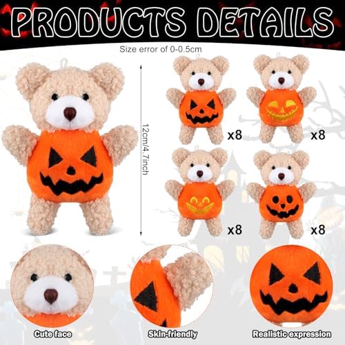 Hiboom 32 Pcs Mini Halloween Stuffed Animal, Bear in Pumpkin Style, 4.7"