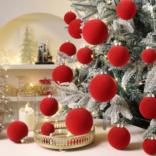 Red Velvet Christmas Ball Ornaments-46pcs Flocked Xmas Tree Decorations