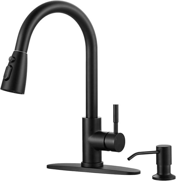 WOWOW Black Kitchen Faucet with Soap Dispenser, Stainless Steel Kitchen Sink Faucet, Matte Black Kitchen Faucet Single Handle High Arc Utility Sink Faucet for Sink, RV, Laundry, Bar