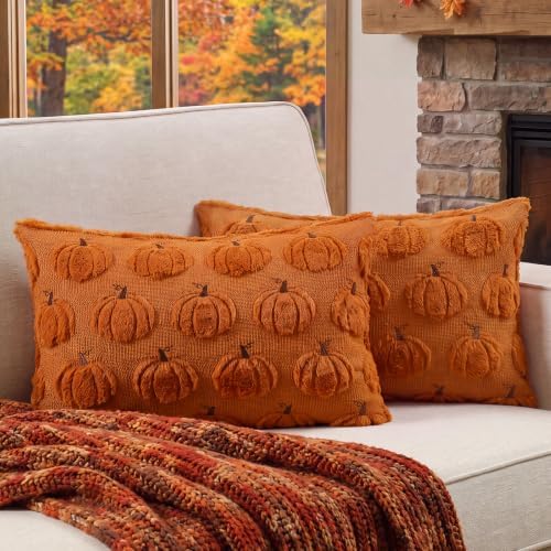 Fall Throw Pillow Covers 12x20 Set of 2 Rust Pumpkin Lumbar Covers