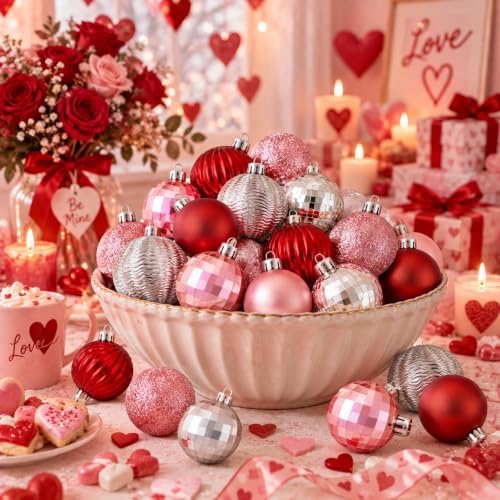 Lunmon 64 Pcs Pink and Red Silver Christmas Ornaments Glitter Xmas Bulbs