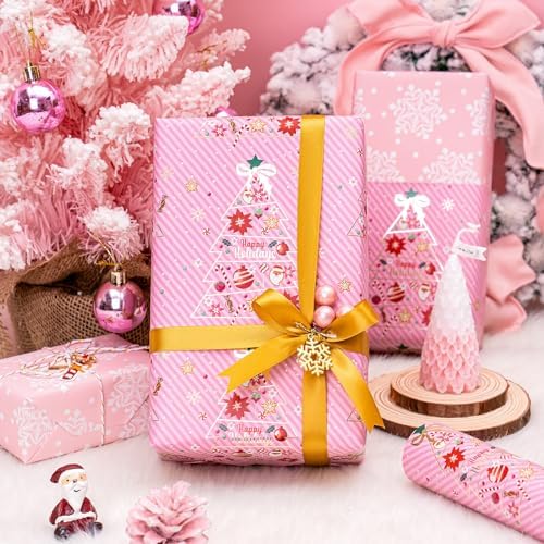 WRAPAHOLIC Reversible Pink Christmas Wrapping Paper - Mini Roll - 17 Inch x 33 Feet - Pink Christmas Tree Wrapping Paper and Snowflake Design for Holiday, Party Celebration