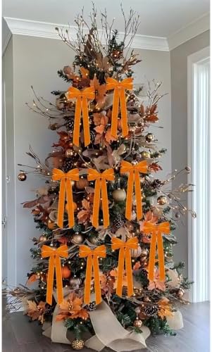 Hongsome 12Pcs Fall Velvet Ribbon Bows Tree Decorations 5in x 10in Orange