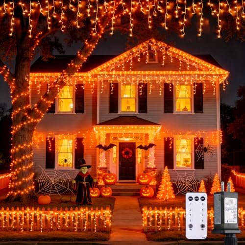 JMEXSUSS Orange Halloween Icicle Lights Outdoor, 800 LED Plug in
