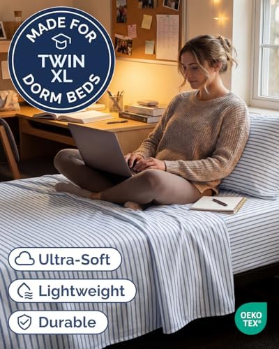 Twin XL Size 3 Piece Sheet Set - Breathable & Cooling Sheets - Blue Stripes