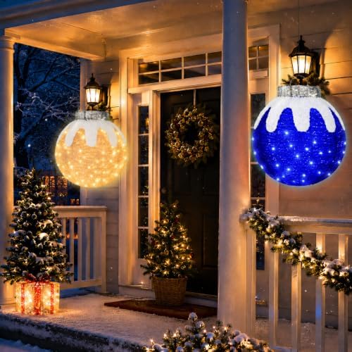 2 Pcs Outdoor Christmas Ornaments, Lighted Pop-Up Holiday Ball Decoration with 160 LED Lights, 8 Light Functions, Lighted Collapsible Christmas Outdoor Decorations for Yard, Patio, Home