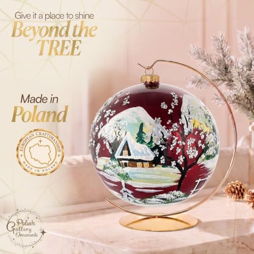 Hand Blown Glass Christmas Ornaments Ball, Cottage Burgundy 8 in + Stand