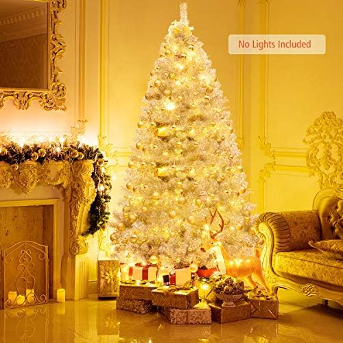 Happygrill 7.5 FT Christmas Tree Silver Tinsel Xmas Tree with 1258 Branch Tips Metal Stand Artificial Hinged Christmas Tree for Indoor and Outdoor