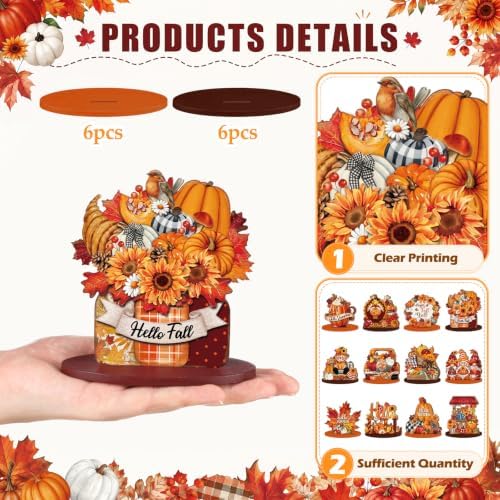 Leinuosen 12 Pcs Fall Table Decoration for Home, Wooden Pumpkin Turkey Sign