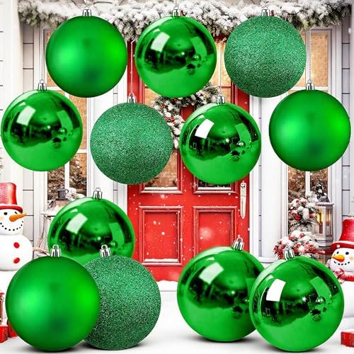 Jenaai 12 Pcs Large Green Christmas Ball Ornaments, 4 Inch Big Oversized Shatterproof Christmas Tree Decorations Matte Glitter Giant Jumbo Plastic Hanging Baubles for Xmas Holiday Party Indoor Outdoor
