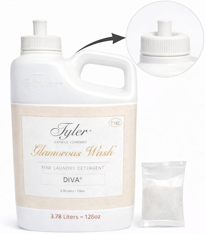 Tyler Candle Company Glam Wash Laundry Detergent, Diva, Liquid, 128 Fl Oz,HE Safe w/Dryer Sachet Pouch, Pull and Pour Spill Proof Cap ox