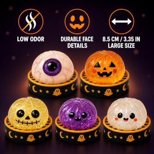 Halloween Squishies Set, Large Unique Halloween Dumpling Squeeze Toys, 5 Unique Low-Odor Designs for Party Favors, Gift Exchanges and Office Stress Relief (Classic Stlye)