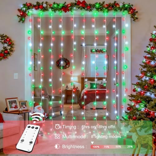 JMEXSUSS 300LED Red White and Green Christmas Curtain Lights with Remote
