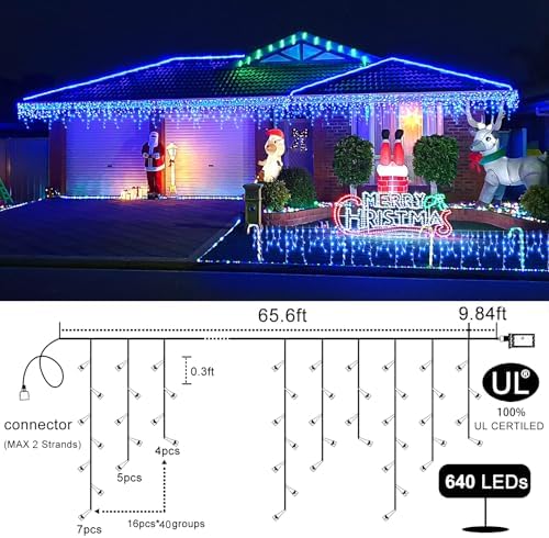 66FT Icicle Lights for Outside 640 LED Blue Christmas Lights Outdoor