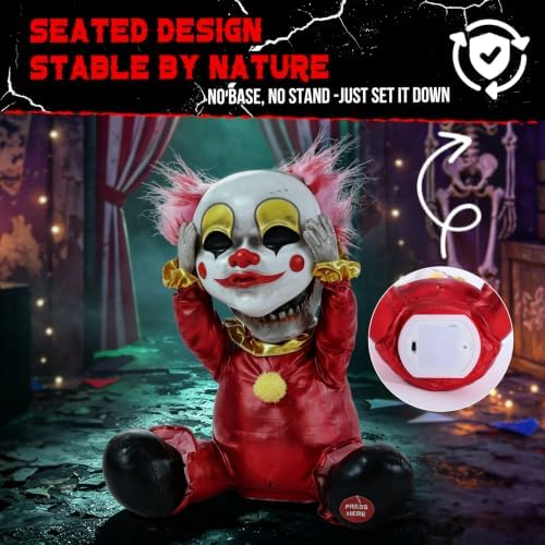 Quntis 13-Inch Halloween Animatronic Clown with Face-Ripping Skull Reveal, Sound & Touch Activated Creepy but Funny Halloween Decor Prop with Voice, Light-Up Eye and Motion for Outdoor Haunted House