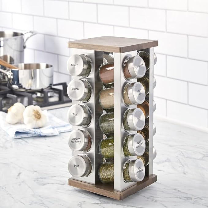 Kamenstein 20 Jar Vintage Revolving Countertop Spice Rack Organizer with Spices Included, FREE Spice Refills for 5 Years, Wood and Stainless Steel with Metal Caps