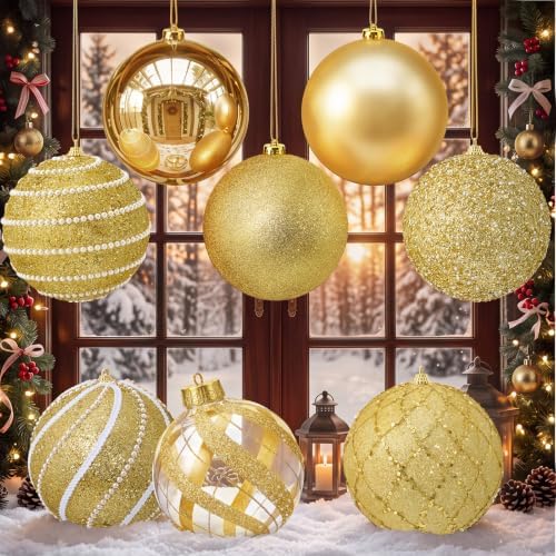 Lyrow 8 Pcs Large Christmas Ball Ornaments 6'' Gold Glitter Xmas Ornaments