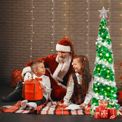 HISFFOG 5FT Pop Up Christmas Tree with 8 Rmote Lights Modes - Dual Color Sequin Tinsel Christmas Tree, Collapsible Artificial Pencil Christmas Trees Decorations for Home, Apartment, Office, Party