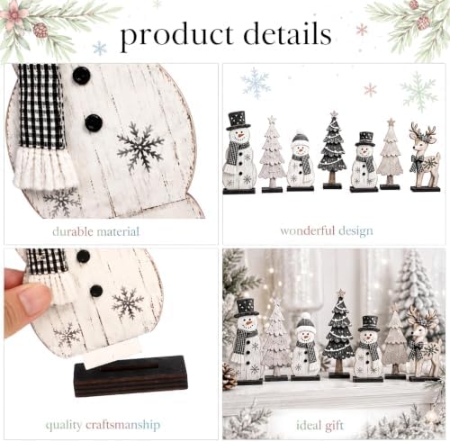 7 Pcs Christmas Table Decor Wooden Snowman Tree Deer Decor, Black,White