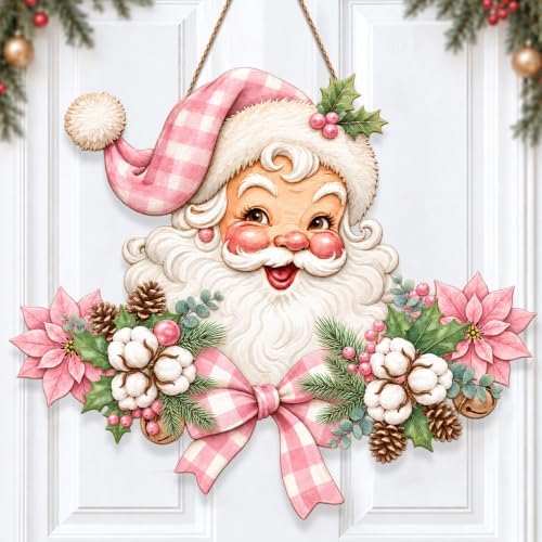 Christmas Decorations Pink Vintage Santa Hanging Wooden Sign for Front Door