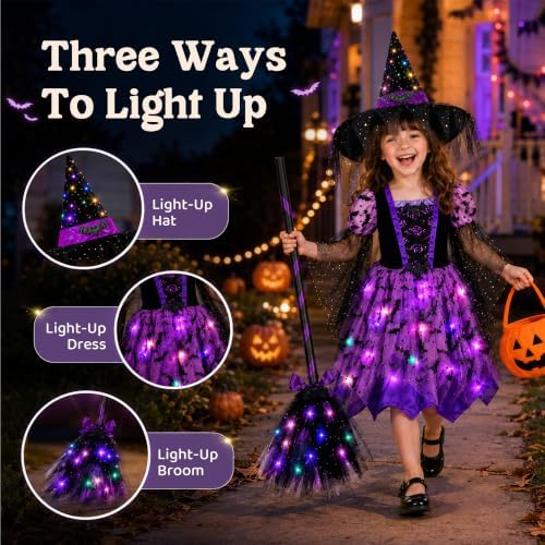 Meland Light Up Witch Costume for Girls 3-10, Toddler Kid Halloween Costume