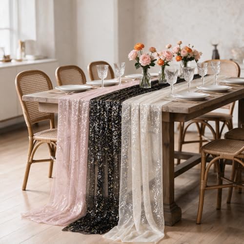 Artoid Mode 3PC Beige Black Pink Gauze Table Runner 120 Inch 10FT, Glitter Metallic Foil Sheer for Wedding Anniversary Holiday Birthday Home Party Decor