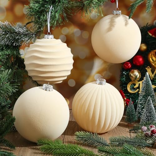 Syhood 4 Pcs 6 Inch Velvet Christmas Balls Large Ornaments, Cream