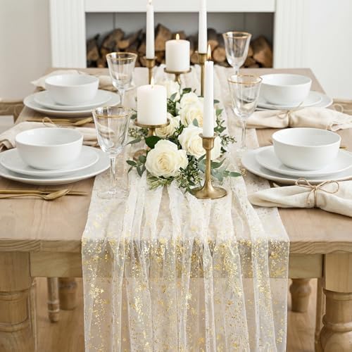 Artoid Mode Beige Gold Gauze Table Runner 59x120 Inch 10FT, Glitter Metallic Foil Sheer Dining Wedding Anniversary Holiday Birthday Table Decor for Home Party